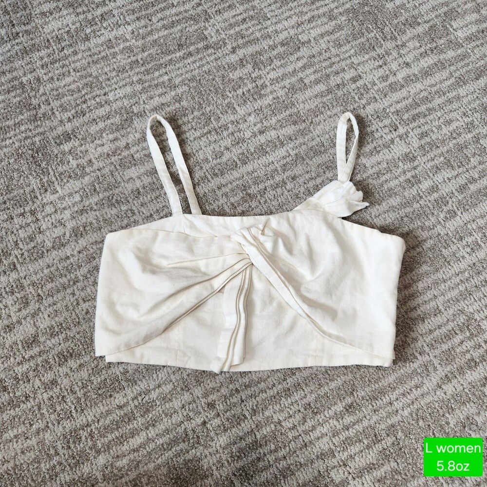 Farm Rio women's off-white linen front bow thin straps crop top size L